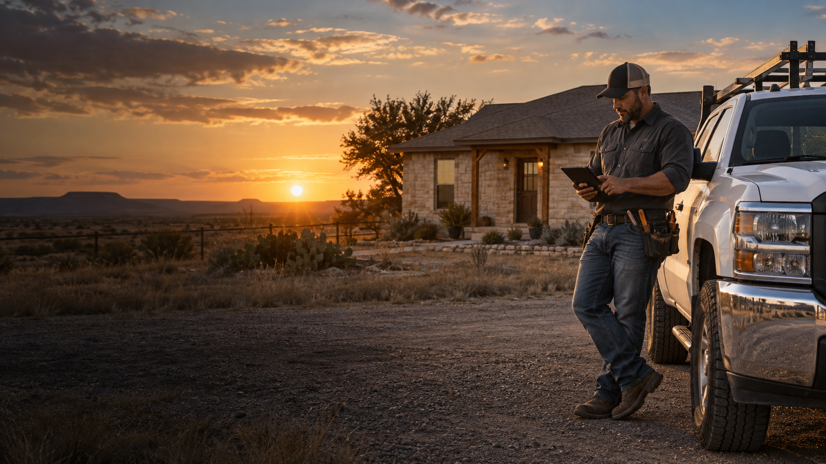 West Texas home-service contractor reviewing work beside a truck